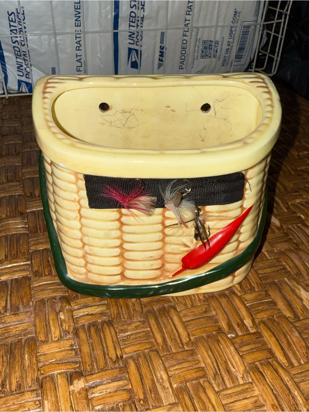 Vintage Ceramic Fishing Creel Wall Pocket Planter With Flies